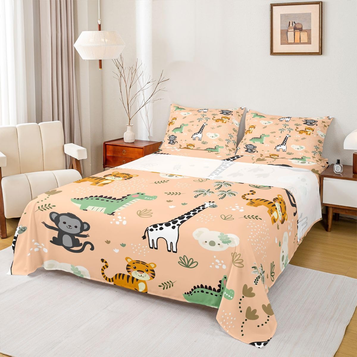 Erosebridal Jungle Animals Sheet Set Full Cute Cartoon Animals Bed Sheets for Kids Boys Girls Safari Flat Fitted Sheet Hunting Wildlife Sheets 3 Pcs