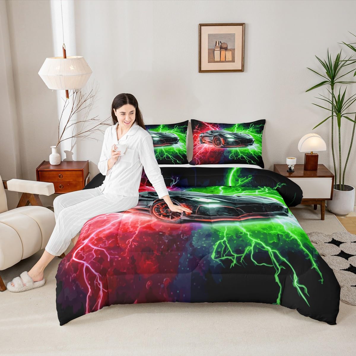 jejeloiu Racing Car Bedding Set Soft for Boys Girls, Race Car Comforter Set Twin Size Extreme Sports Duvet Quilt Microfiber Red Green Bedroom Decor 2 Pcs with 1 Pillow Cases