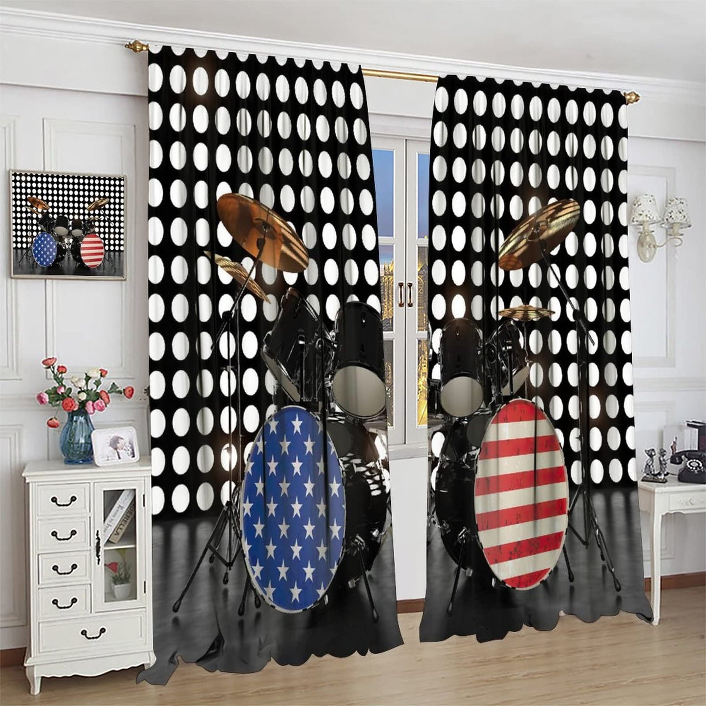 Music Curtains,Rock Roll Musical Instruments American Flag Drum Set Stage Theme Room Darkening Door Window Rod Pocket Curtain for Living Room Teens Boys Bedroom W42xL45in