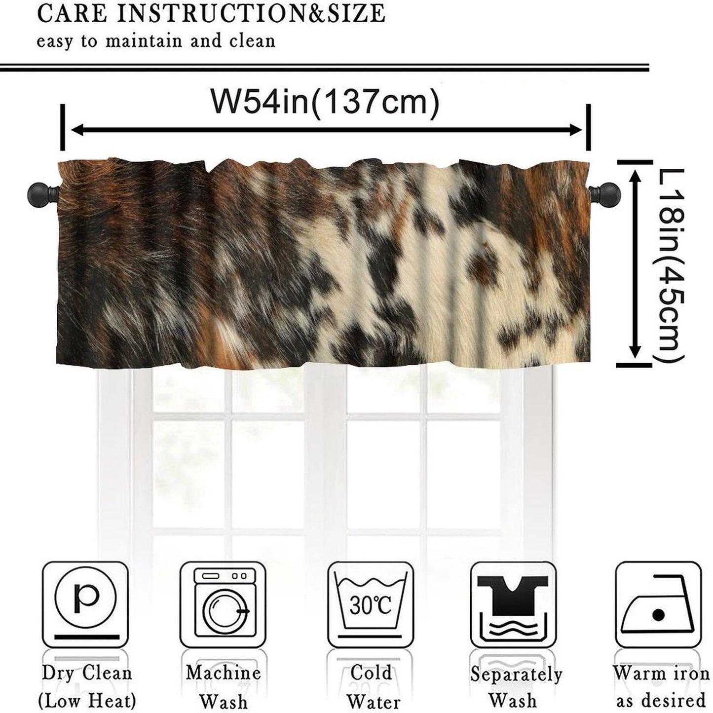 JanJCurt Brown Cowhide Valance, Rustic Vintage Western Farmhouse Highland Cow Fur Black Brown White Skin Print Short Blackout Window Drapes for Bedroom Kitchen, 54x18inch
