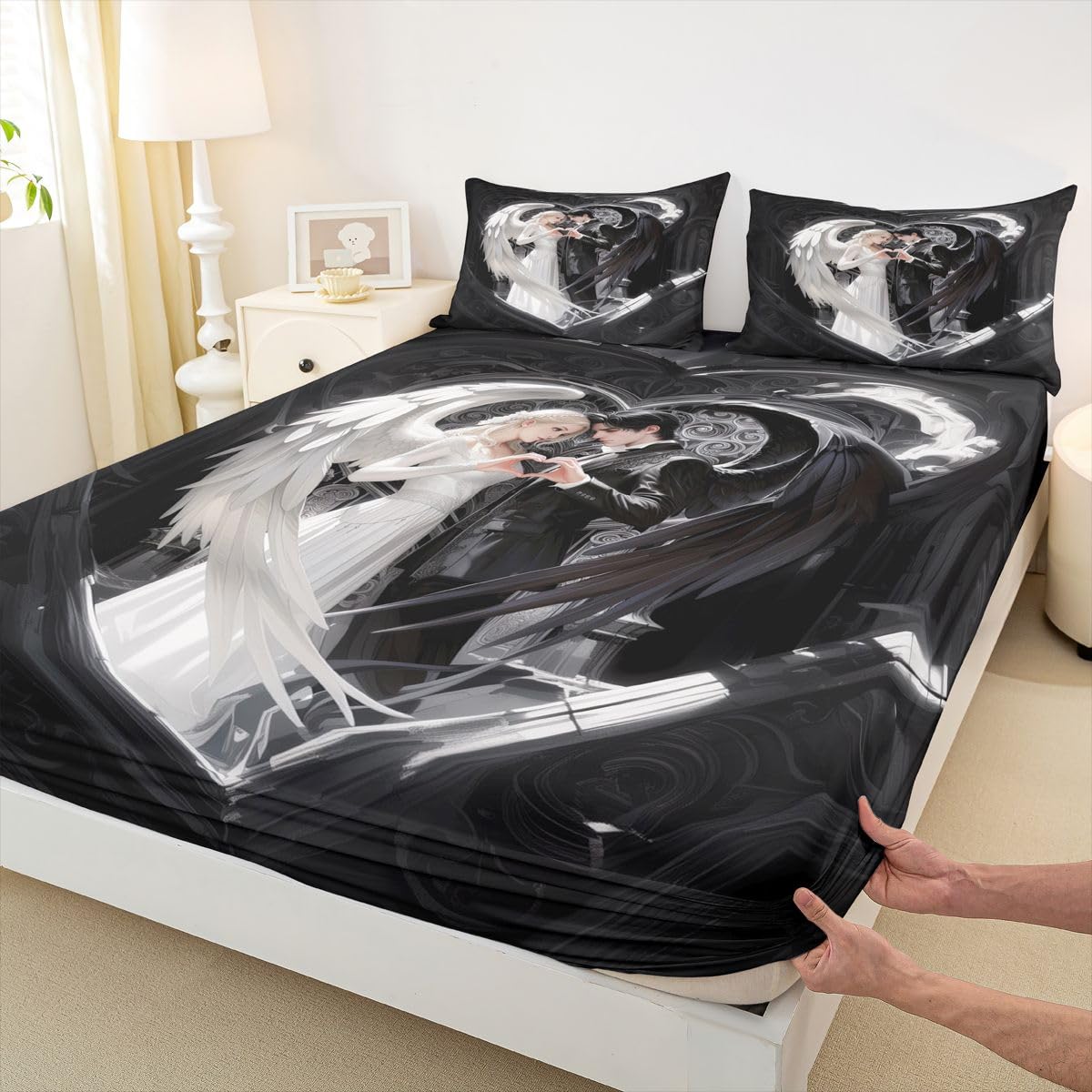 Erosebridal Angel Wings Sheet Set Full Black and White Angel Bed Sheets Set Romance Love Sheets for Boys Girls Princess Fairy Style Flat Fitted Sheet with 2 Pillow Cases