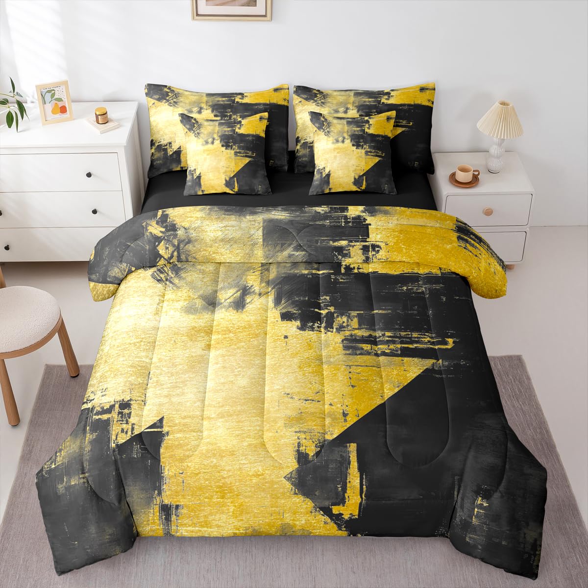 Feelyou Abstract King Comforter Set with Sheets for Kids Boys Girls Modern Abstract Art 7 Pieces Bedding Set Luxury Bed in a Bag Geometric Room Decor Yellow and Black Soft Lightweight Microfiber