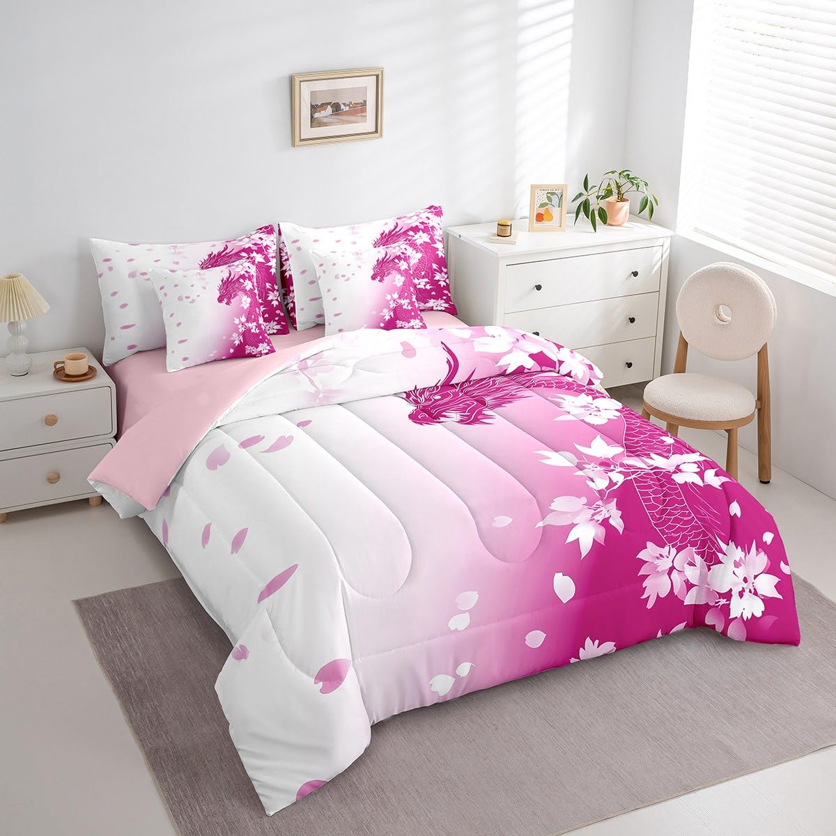 Erosebridal Pink Fantasy Dragon Bed in A Bag Pink White Gradient Princess Bedding Set for Kids Girls Teen Women,Magical Wildlife Animal King Comforter Set 7 Piece Dreamy Cherry Blossom Bed Set