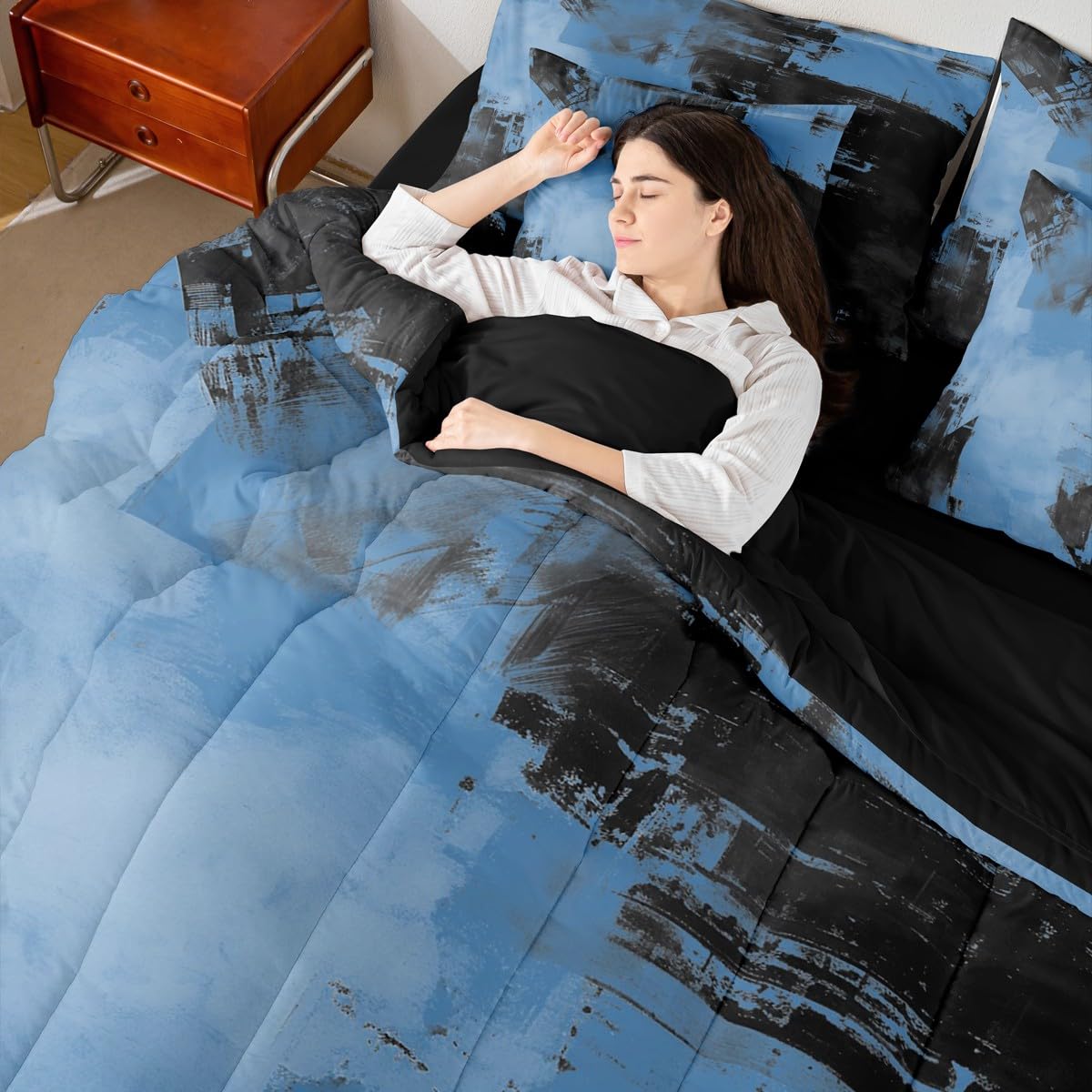 Feelyou Abstract Comforter Set with Sheets 7 Piece King Size Modern Abstract Art Bedding Set for Kids Boys Girls Luxury Bed in a Bag Geometric Room Decor Deep Blue Soft Lightweight Microfiber