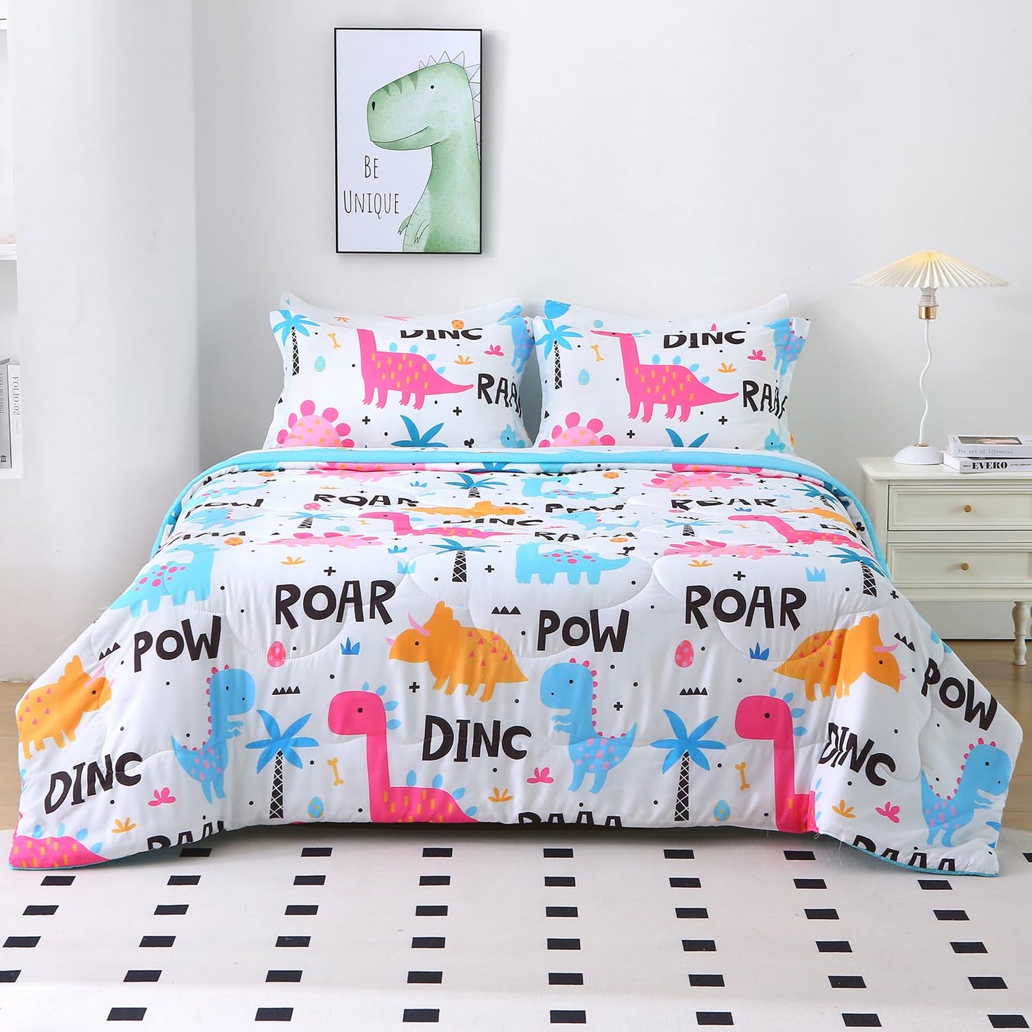 Wajade 7 Piece Kid Girls Dinosaur Comforter Set Queen Size 3D Pink Dinosaur Wild Park Jungle Print Bedding Set with Comforter, Sheet Set, Pillowcase and Sham