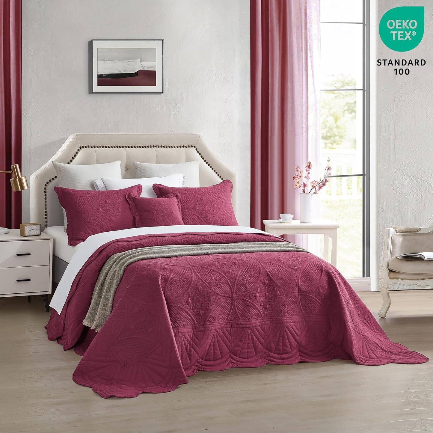 DaisyHuang Bedspread - Full Size Bedding Cover - Modern & Contemporary Coverlet Set, Real Stitching, Reversible, Lightweight, 5 Piece, Burgundy