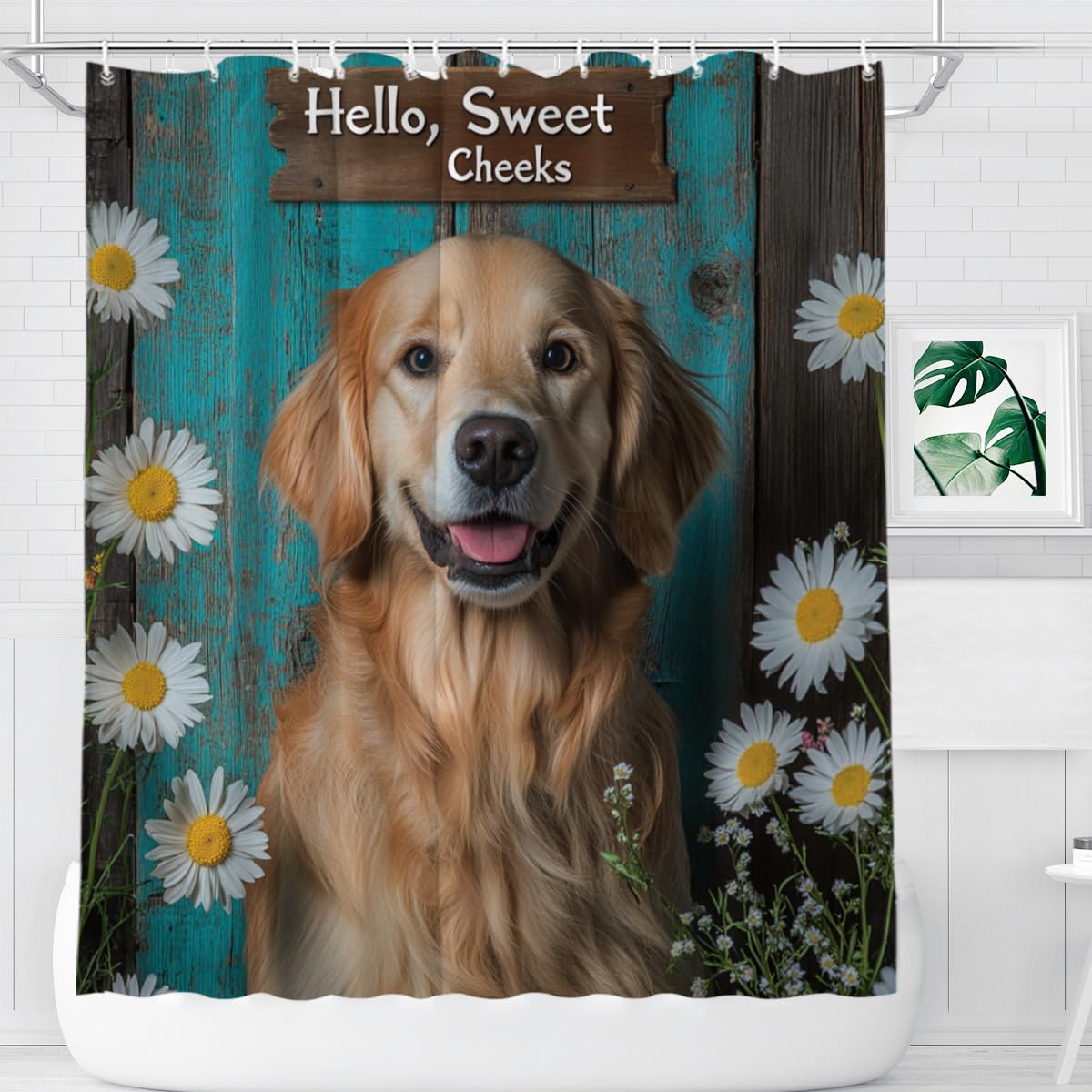 KEEPAEON Golden Retriever Shower Curtain, Cute Funny Shower Curtains for Bathroom Hello Sweet Cheeks Bathroom Decor with Hooks, Bathroom Curtain 72x72 Inches
