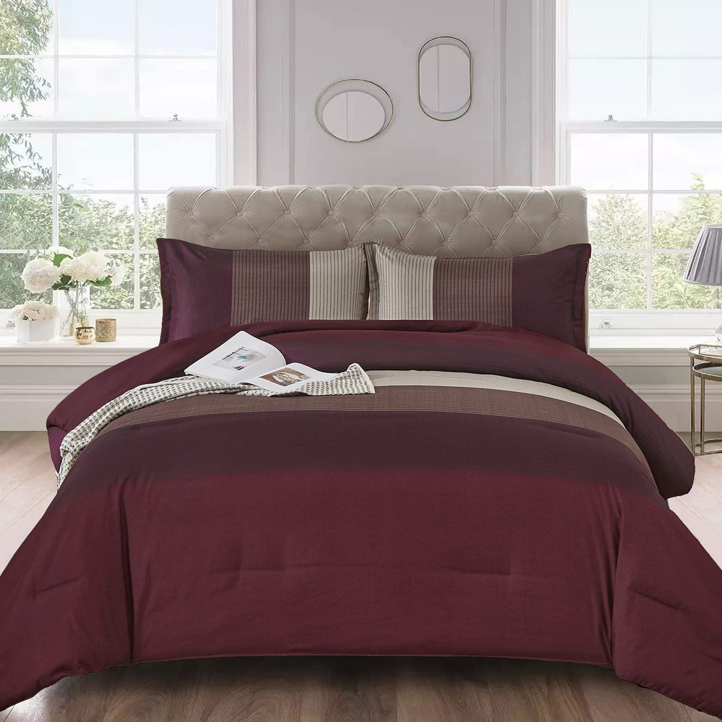 WONGS BEDDING Burgundy Comforter Set Queen, Reversible Burgundy Stripe Down Alternative Comforter for All Season,3 Pieces(1 Comforter+2 Pillowcases), Soft Microfiber Bedding Duvet Set 90”×90”