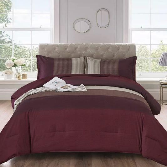 WONGS BEDDING Burgundy Comforter Set Queen, Reversible Burgundy Stripe Down Alternative Comforter for All Season,3 Pieces(1 Comforter+2 Pillowcases), Soft Microfiber Bedding Duvet Set 90”×90”