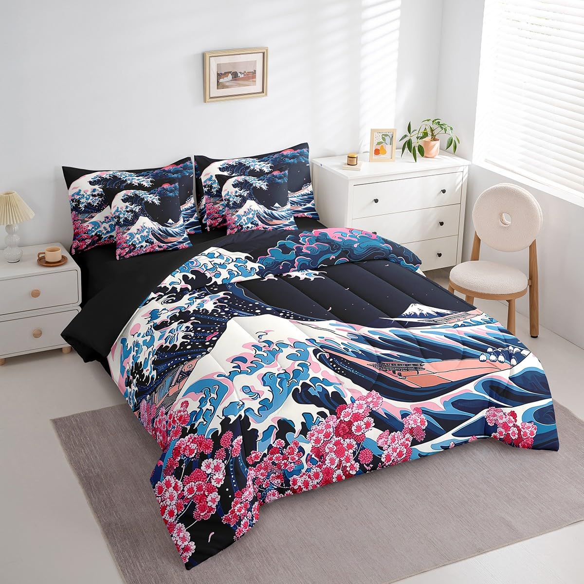 Erosebridal Blue Ocean Waves Queen Bedding Set 7 Piece,Japanese Style Comforter Set for Kids Adults,Pink Cherry Blossom Bed in a Bag Ukiyoe Aesthetic Bed Set with Fitted+Flat Sheet,Pillowcases
