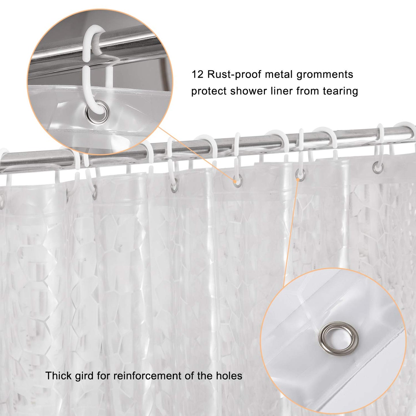 WELTRXE Shower Curtain Liner 8G EVA with 3 Magnets, Waterproof Clear Shower Curtains with 3D Water Cube Design, Heavy Duty Plastic Bathroom Shower Liner for Shower Stall, Bathtubs, 72 x 72,12 Hooks