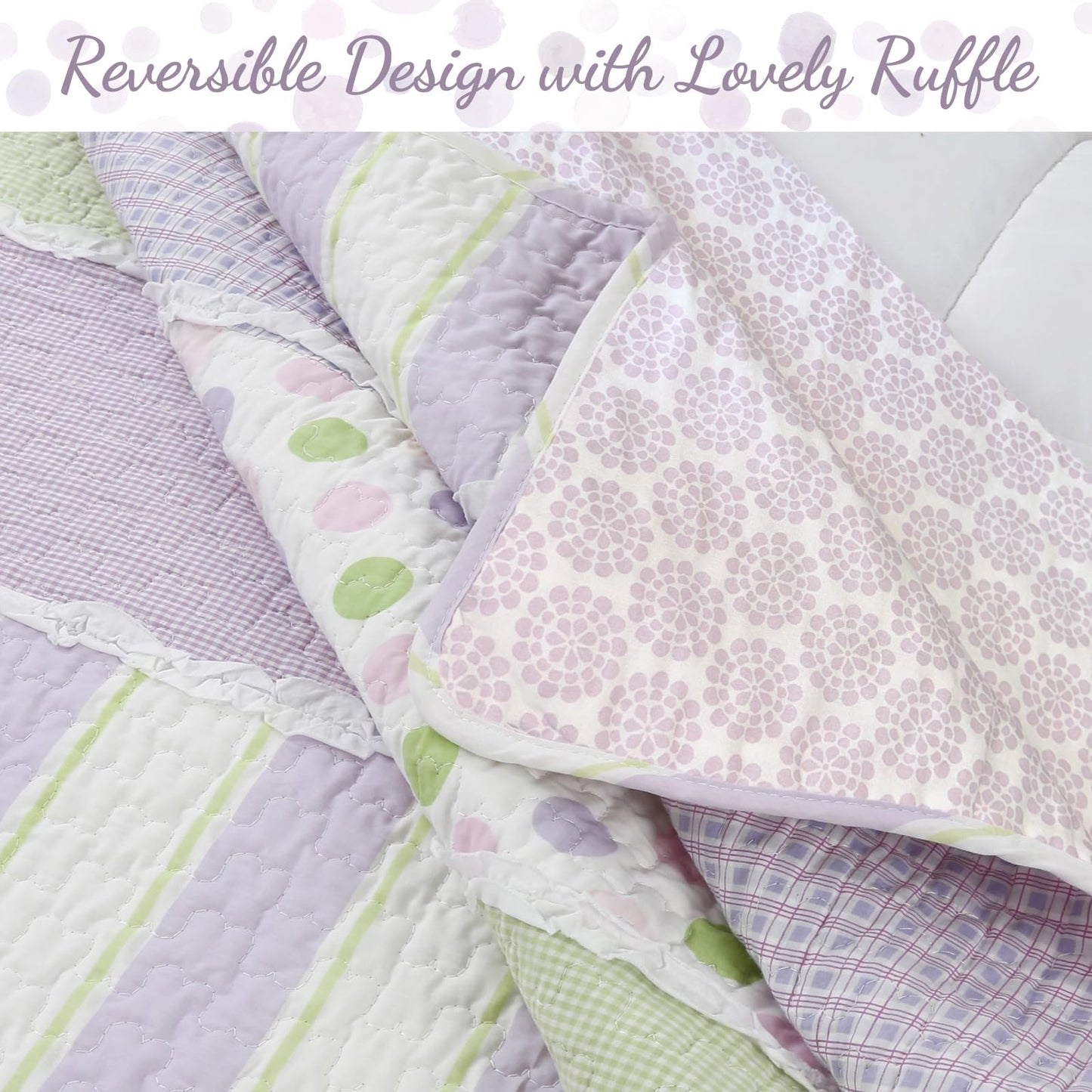 Cozy Line Home Fashions Lavender Green Stripe Dots Girl 100% Cotton Reversible Quilt Bedding Set, All-Season Coverlet Bedspread (Purple Dots, Queen - 3 Piece)
