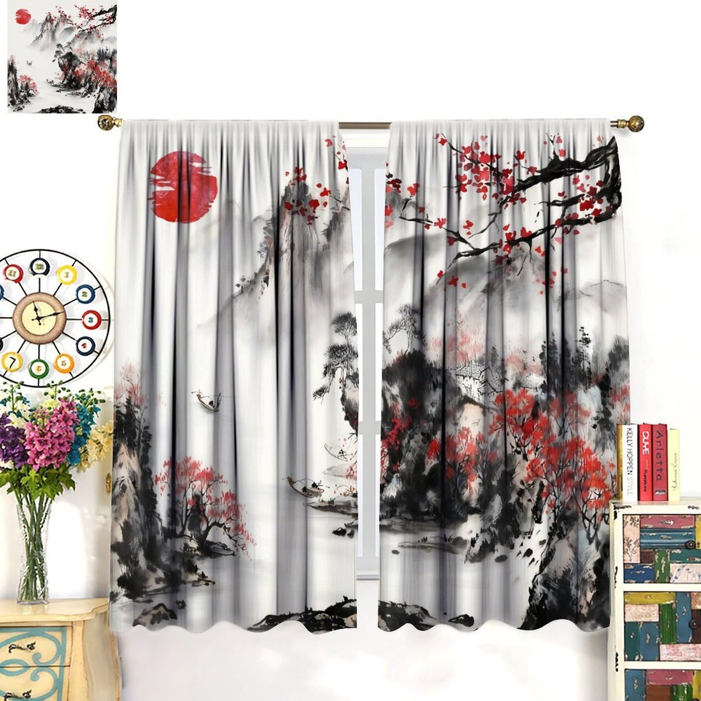 YSWOW Asian Curtains, Japanese Traditional Ink Nature Landscape Cherry Blossoms Art Printed Window Drapes for Bedroom Living Room Kitchen Decor Fabric 2 Panel 42x45 Inch 30% Shading Rate