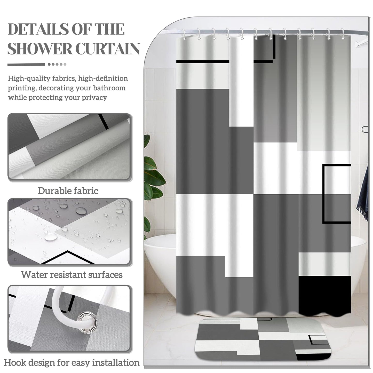 KINUUIS 4 Pcs Black Geometric Bathroom Shower Curtain Sets with with Toilet Lid Cover and Non-Slip Rugs, Black Modern Abstract Bathroom Decor Sets with Shower Curtain and Rugs for Bathroom