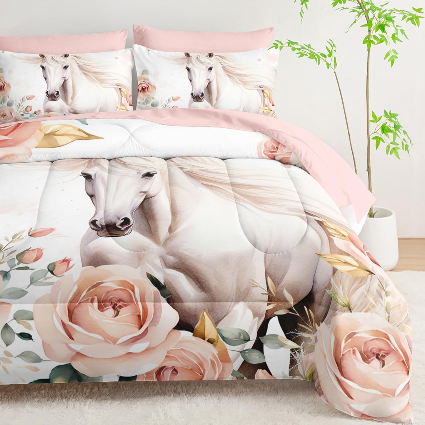 AILONEN Girls Horse Comforter Set Twin Size, Pink Flower White Bedding Set,7 Pieces Bed in a Bag,Cute Wild Animal Themed Comforter + Fitted/Flat Sheet + 2 Pillowcases + 2 Shams