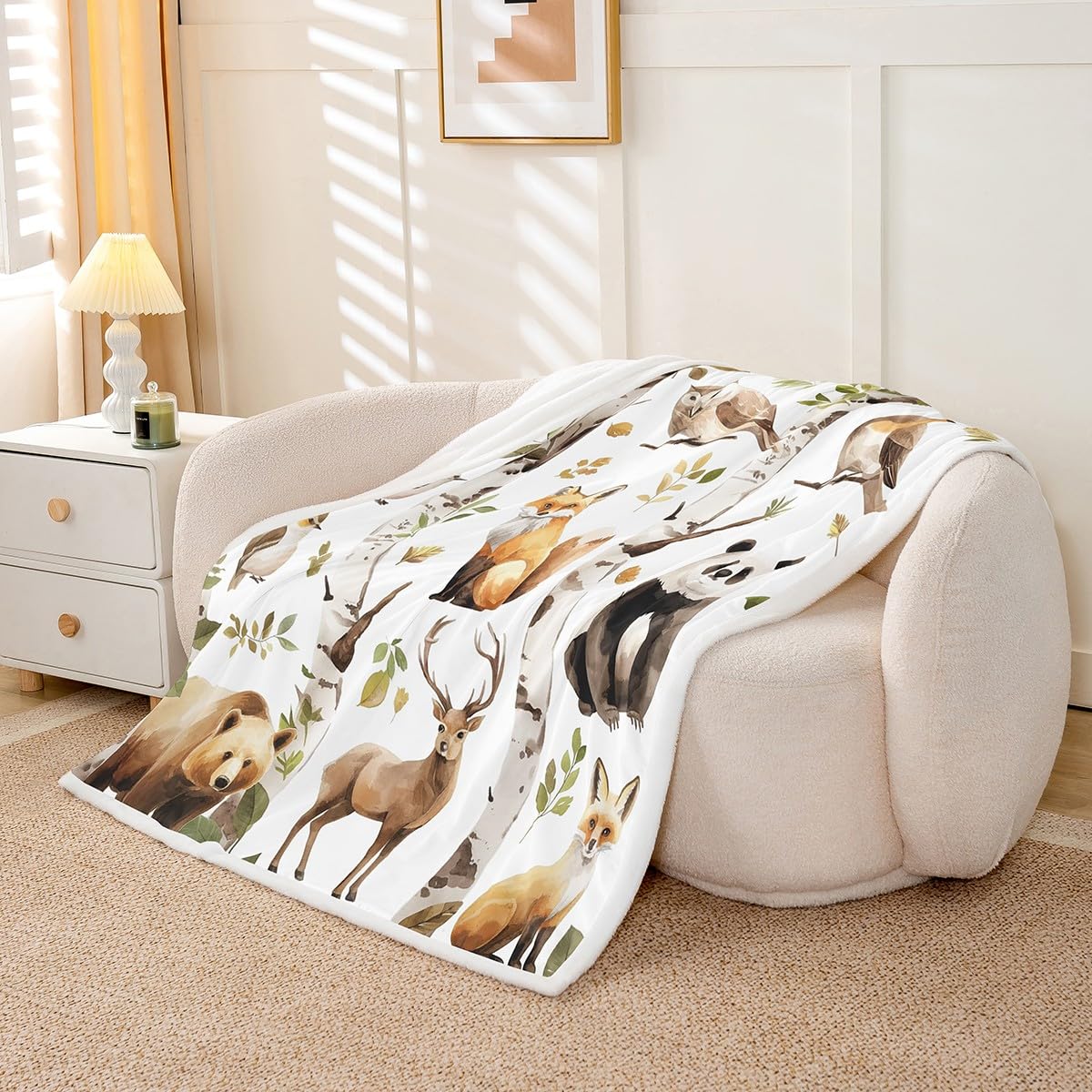 Erosebridal Woodland Animals Fleece Blanket Grizzly Bear Sherpa Blanket 90"x90", Deer Fox Panda Owl Silver Birch Tree Fuzzy Plush Throw
