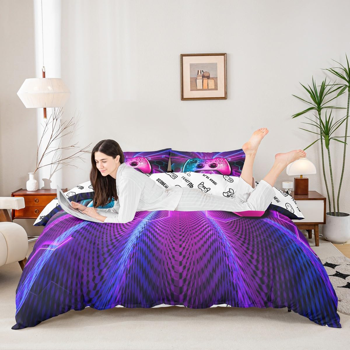Gaming Gamepad Kids Duvet Cover Set Queen Size,Video Games Controller Fashion Bedding Set,Boys Girls Men Room Decor,Geometric Honeycomb Hexagon Comforter Cover,Blue Purple Quilt Cover,2 Pillowcases