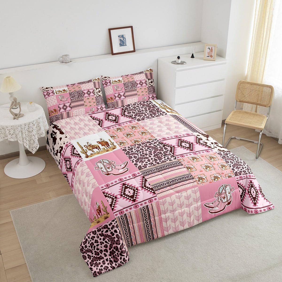 Feelyou Pink Aztec Bedding Set Full Size, Kids Western Decor Comforter Set Wild West Cowboy Cowgirl Comforter Boho Style Duvet Insert Bed Set 3Pcs