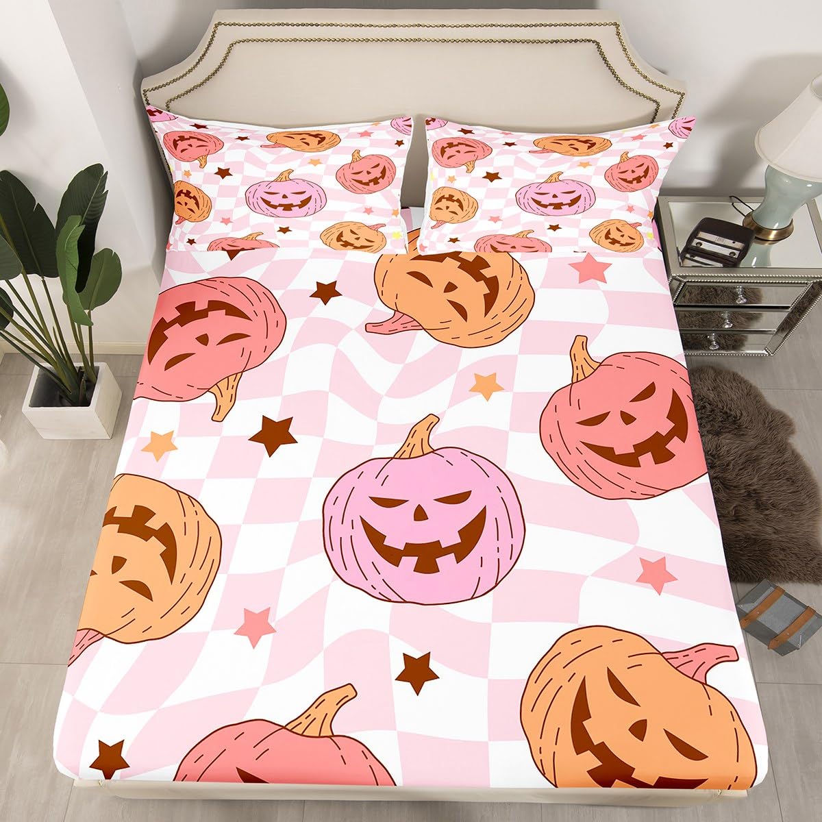 Feelyou Pink Halloween Fitted Sheet with 2 Pillowcases Full Size Halloween Decor Bed Sheets Set 16" Deep Pocket Boys Girls Pumpkin Bedding Trick or Treat Teens Bedroom Decor Breathable Microfiber