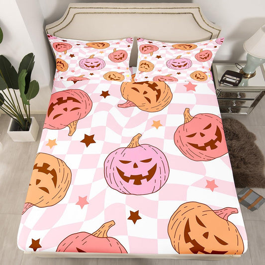 Feelyou Pink Halloween Fitted Sheet with 2 Pillowcases Full Size Halloween Decor Bed Sheets Set 16" Deep Pocket Boys Girls Pumpkin Bedding Trick or Treat Teens Bedroom Decor Breathable Microfiber