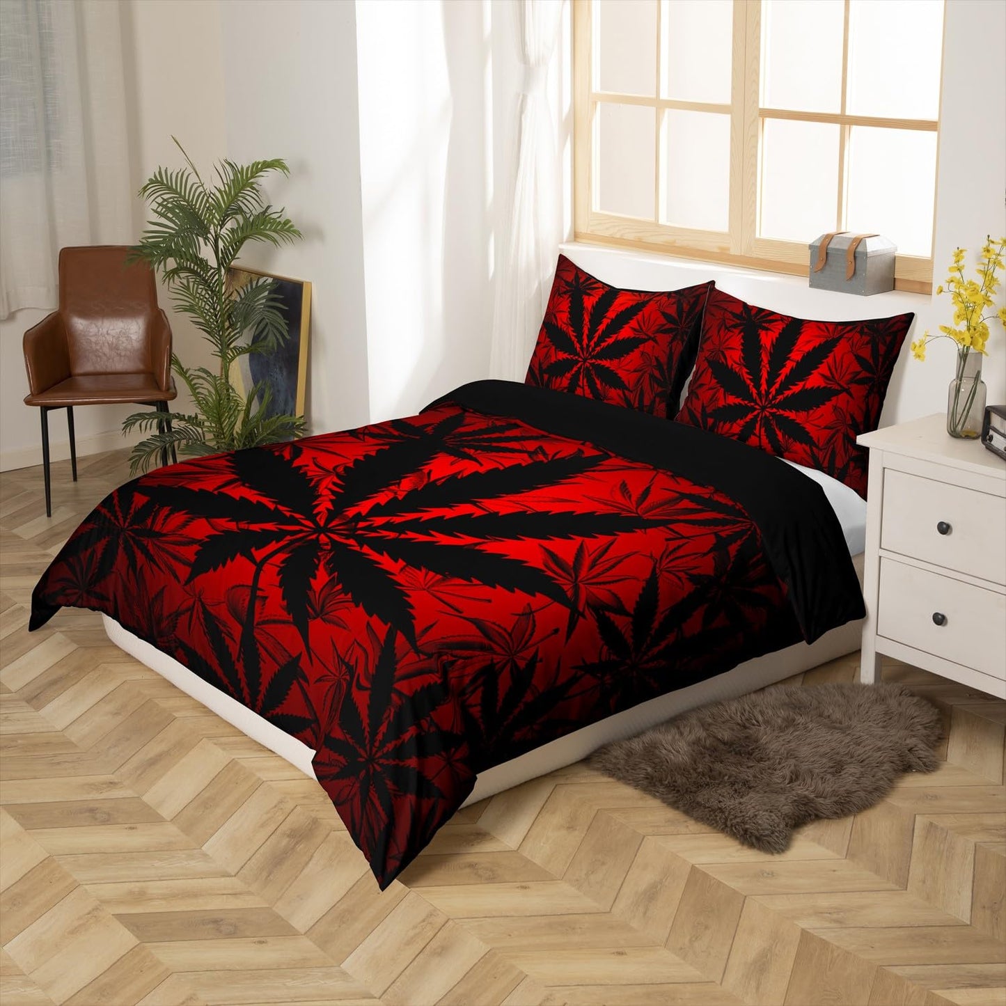 Erosebridal Leaf Comforter Cover for Kids, Teens - Neon Duvet Cover King Size, Bedding Set with 2 Pillow Shams, Botanical Plants Bedroom Decor