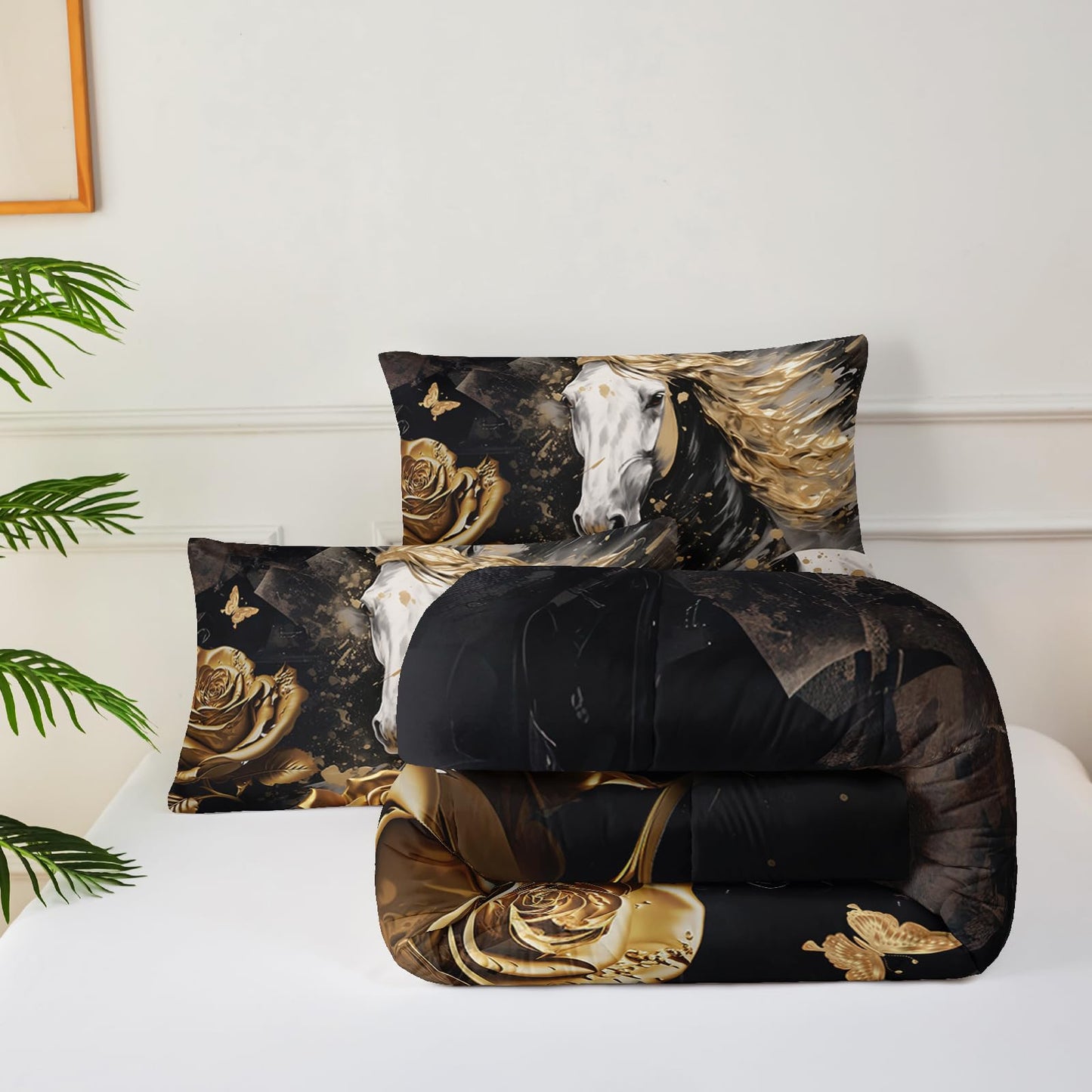 lneffble White Horse Style Comforter Set Twin Size，Gold Rose Floral Bedding Sets Twin，Butterfly Quilt Pattern，Western Bedroom Decor