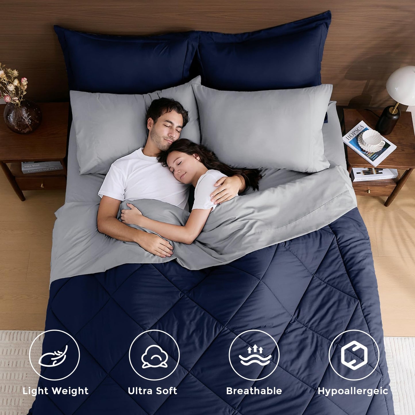 HEVUMYI Queen Comforter Set - 7-Piece All Season Bed in a Bag Queen, Ultra Soft Bedding Set with Comforter, Flat Sheet, Fitted Sheet, Pillowcases, Pillow Shams, Navy Blue & Light Grey