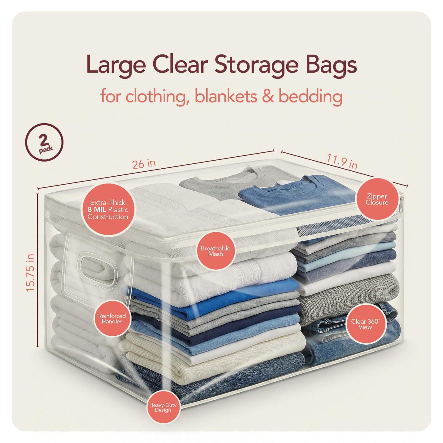 20 Gallon Jumbo Clear Storage Bags with Zipper, 2 Pack Extra Large Under Bed Storage Bags (15.75x26x11.9 in) Transparent Plastic Bags for Clothes, Blankets, Comforters, Quilts & Seasonal Storage