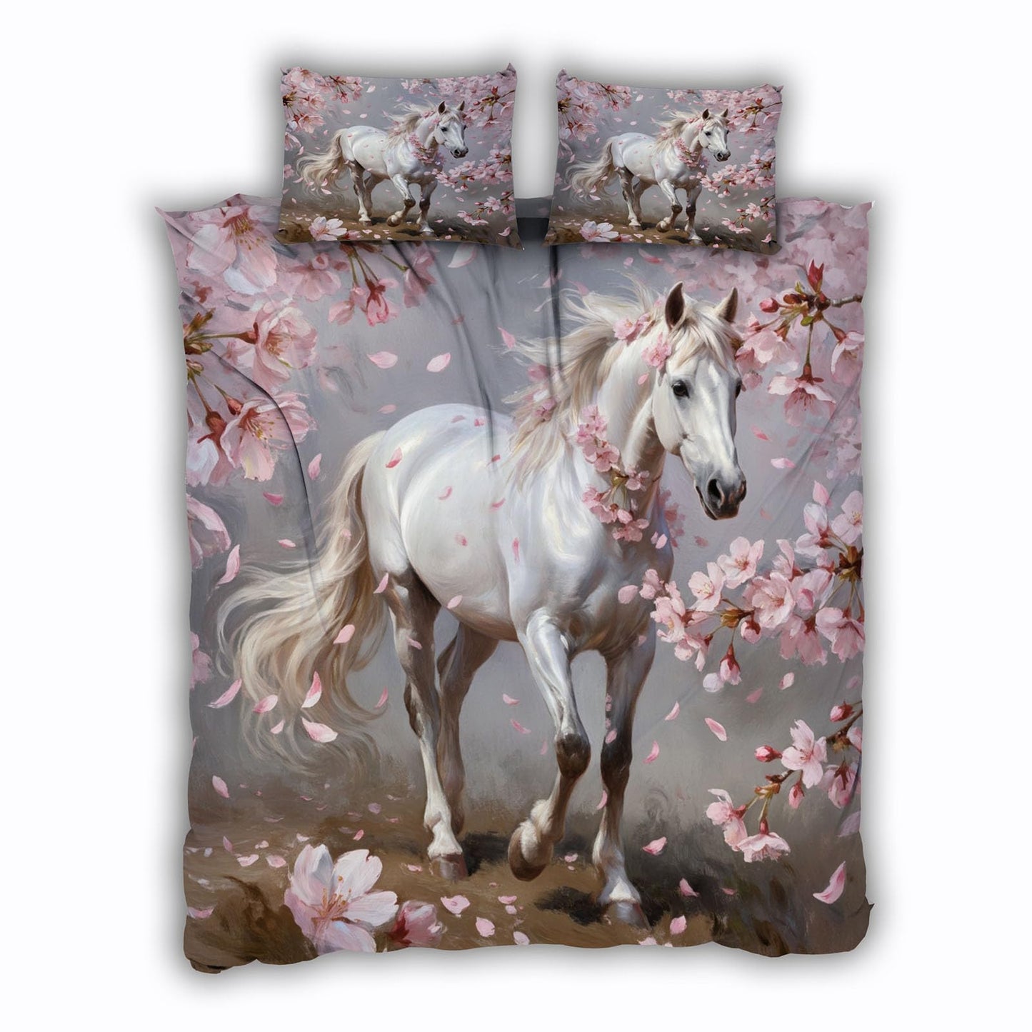 3D Horse Duvet Cover King Size 104x90in Soft Breathable Microfiber Cherry Blossoms Bedding Set Zipper Closure Reversible Comforter Cover 3 Pieces with 2 Pillow Shams (WJT 23-10)
