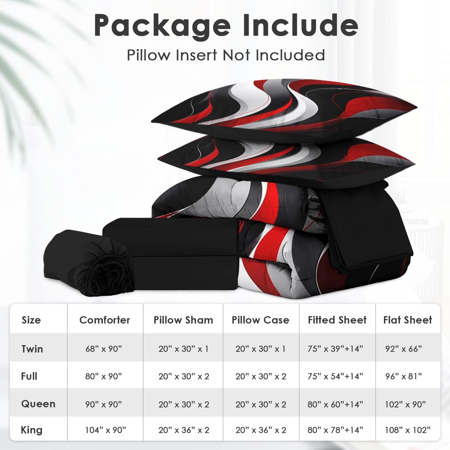 Boewywh Comforter Set Twin Size Abstract Modern Red 7 Pcs, Bedding for Kids and Adults, Black White Bed Sheet Sets with Fitted Sheet 2 Pillowcases & 2 Shams for Bedroom Bed Decor