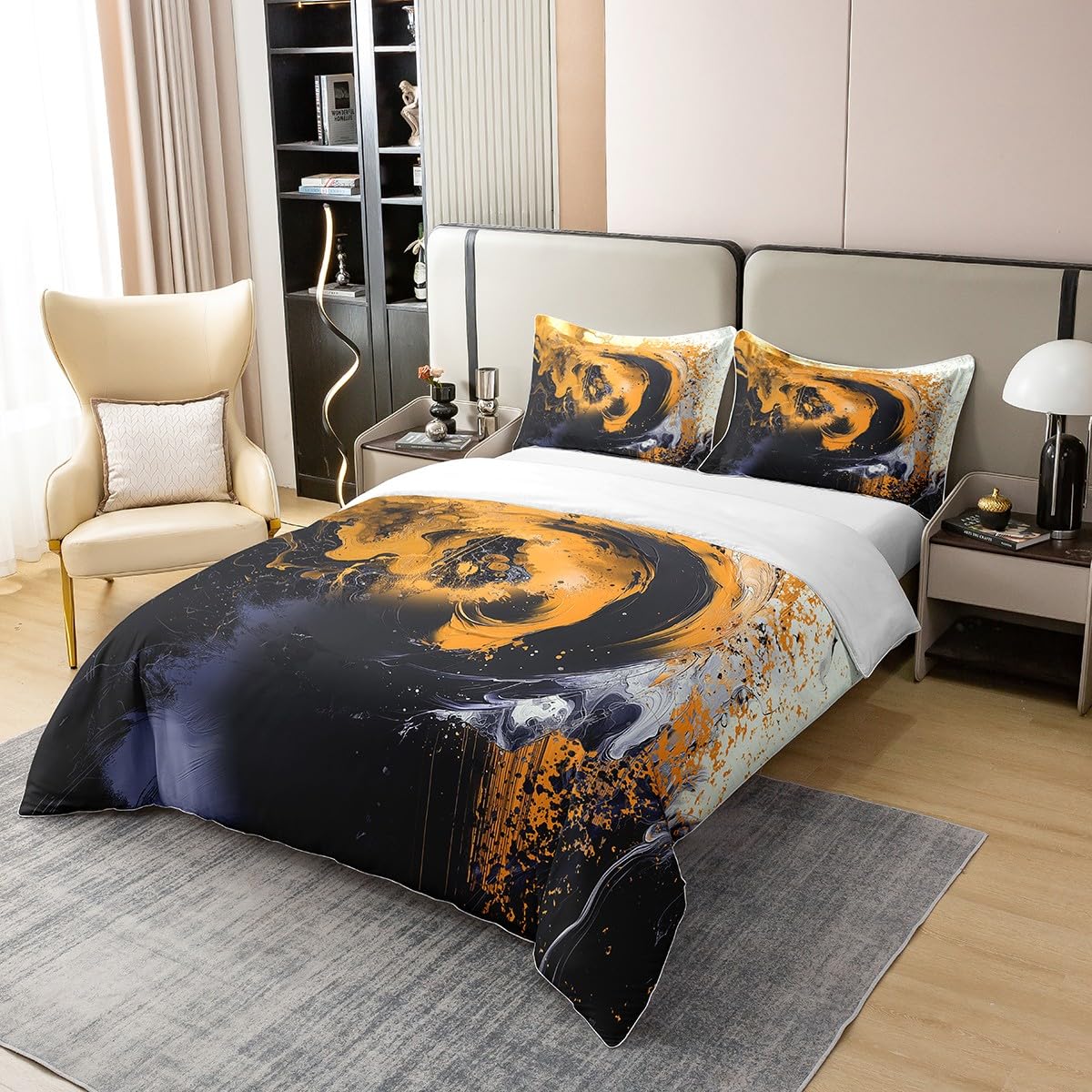 jejeloiu Lemon Yellow Duvet Cover 100% Cotton King Size Kids Abstract Geometric Comforter Cover for Boys Girls Teens Modern Art Bedding Set Breathable Soft Room Decor