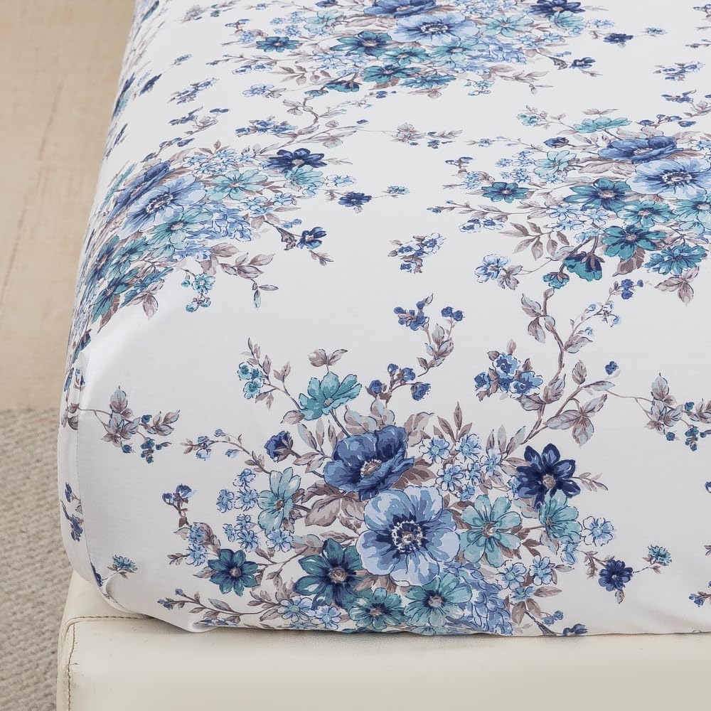 DAUAOTO King Size Printed Sheets Set, 100% Cotton Bedding Sets, Up to 14" Deep Mattress, Floral Pattern Bedlinen Set, French Blue