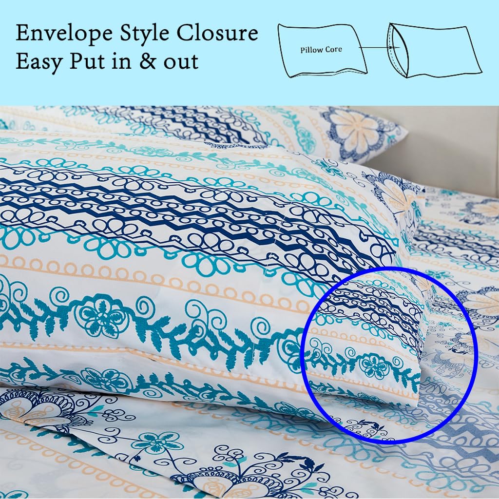 JSD Blue Boho Printed Sheet Set Queen Size, 4 Piece Soft Floral Microfiber Sheets Extra Deep Pocket