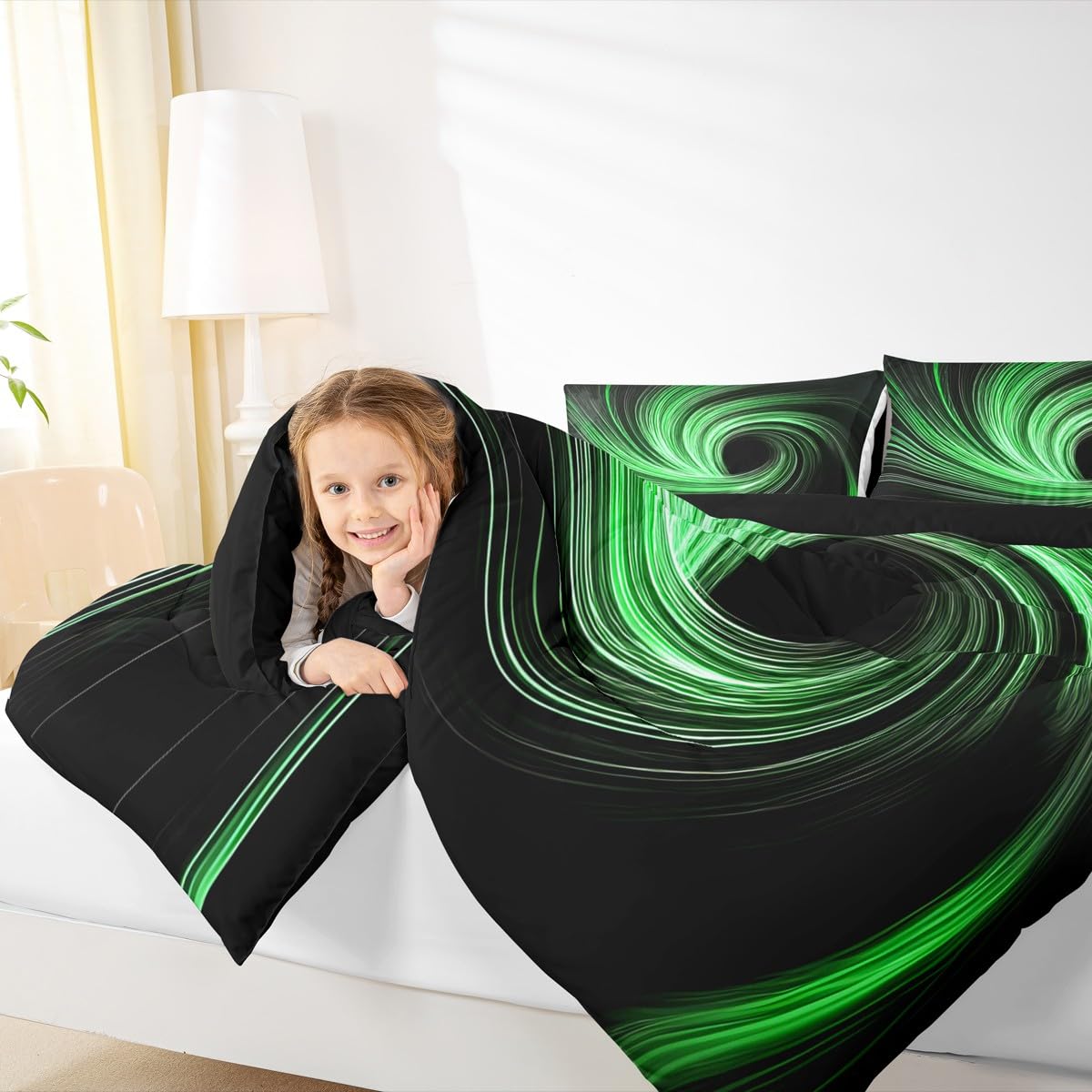 Erosebridal Green Black Kids Comforter Sets Black Hole Abstract Geometric King Bedding Set for Boys Girls Modern Circle Swirl Striped Comforter Set,Fashion Geometric Stripes Line Quilt Duvet 3 Pcs