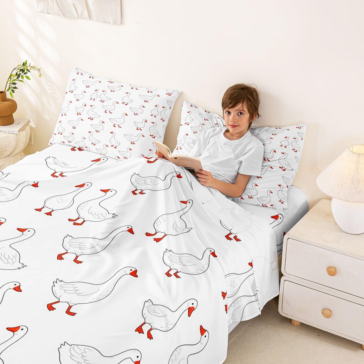 Erosebridal Cartoon Goose Bed Sheets Set Full Kawaii Animal Sheet Set Cute White Geese Sheets Cute Funny Flat Fitted Sheet