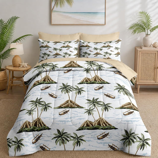 Nesker 7 Pcs Comforter Set Queen Size, Hawaiian Vintage Coconut Trees Bedding Set for Kids and Adults, Sea Boat Summer Sheets Bed Sheet Sets with Fitted Sheet 2 Pillowcases & 2 Shams