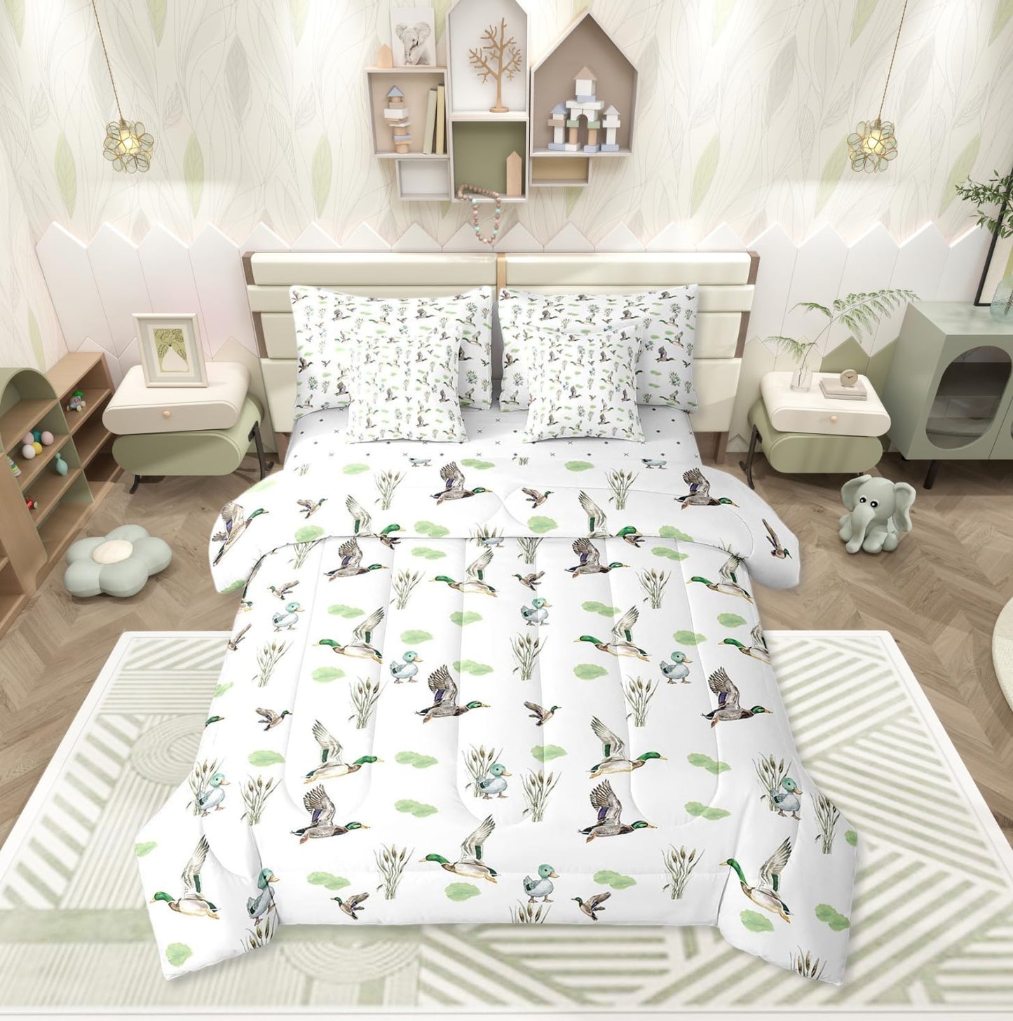 Erosebridal Mallard Duck 7 Piece Comforter Set Twin Bed in A Bag Woodland Wild Duck Bedding Set for Kids Boys Girls Waterfowl Flying Ducks Sheet Set Rustic Farmhouse Comforter Hunting Wildlife Theme