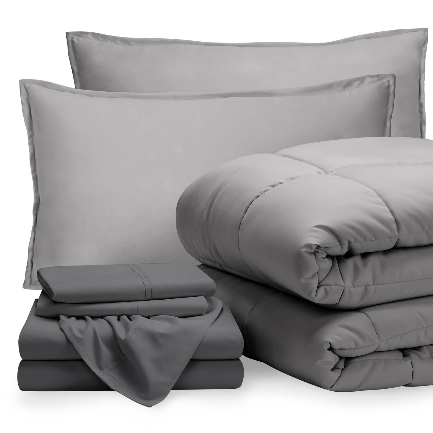 Bare Home Bed-in-A-Bag 7 Piece Comforter & Sheet Set - Queen - Goose Down Alternative - Ultra-Soft 1800 Premium - Bedding Set (Queen, Light Grey/Grey)