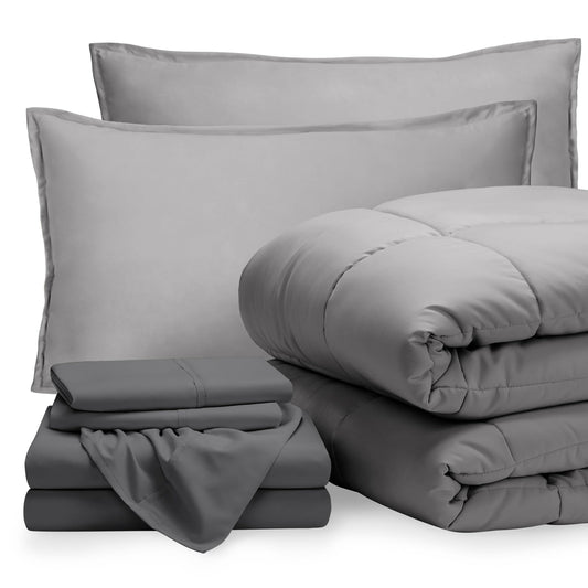 Bare Home Bed-in-A-Bag 7 Piece Comforter & Sheet Set - King - Goose Down Alternative - Ultra-Soft 1800 Premium Bedding Set (King, Light Grey/Grey)
