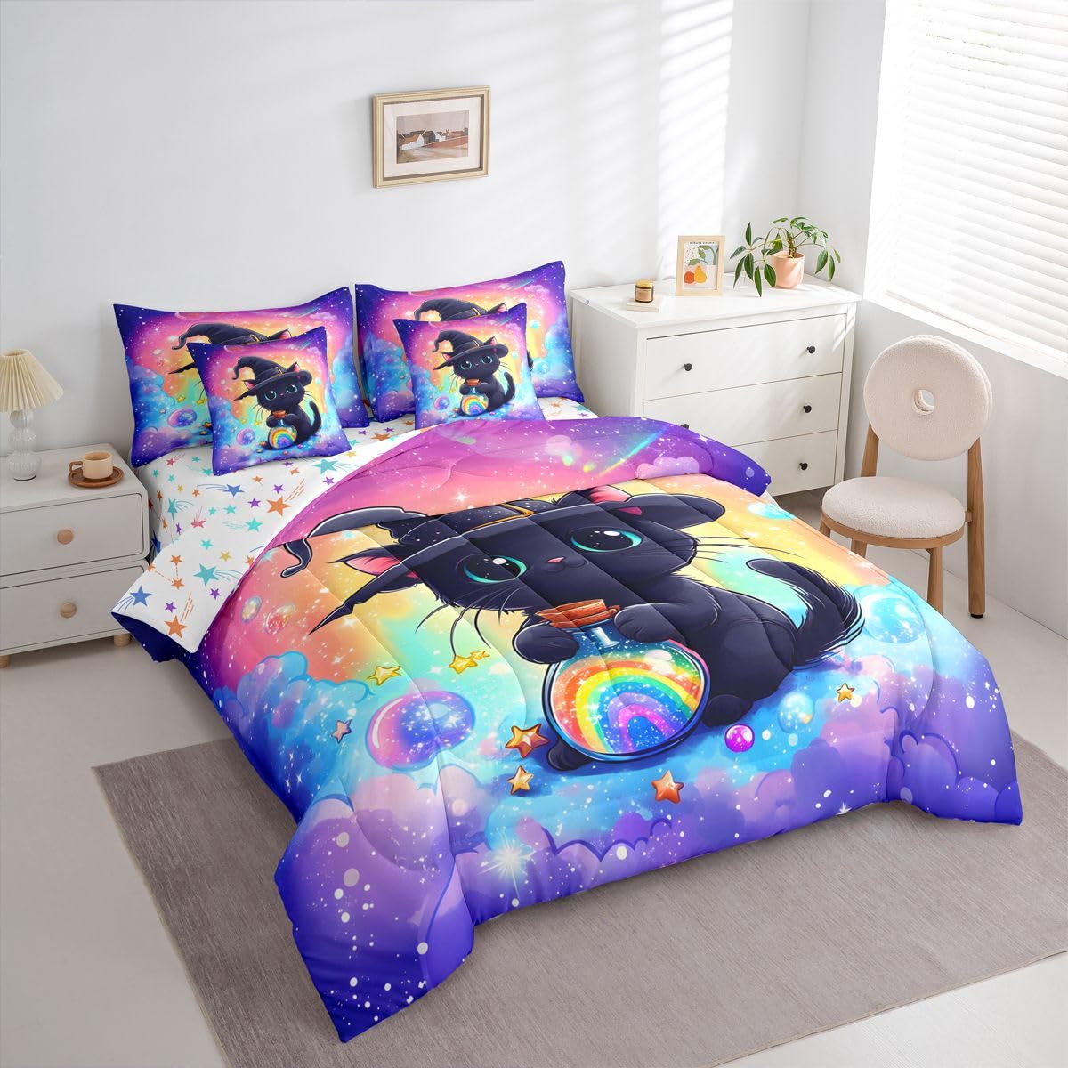 Feelyou Black Cat Comforter Set with Sheets 7 Piece Twin Size Cute Kitten Bed in a Bag Kids Boys Girls Rainbow Bedding Set Cute Animal Bedroom Decor Breathable Soft Lightweight Microfiber