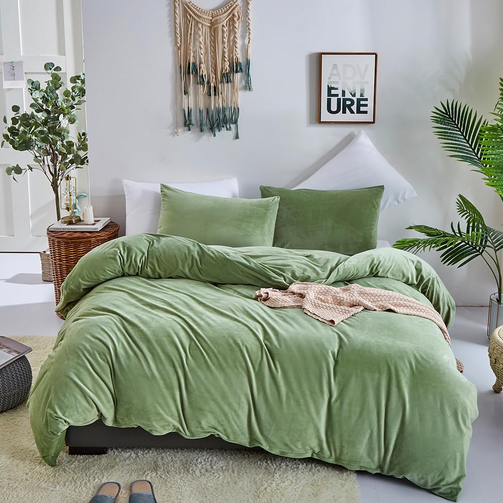 CLOTHKNOW Green Velvet Queen Bedding Set 3Pcs Duvet Cover Sets Sage Green Bedding Cover Queen with 2 x Pillowcases