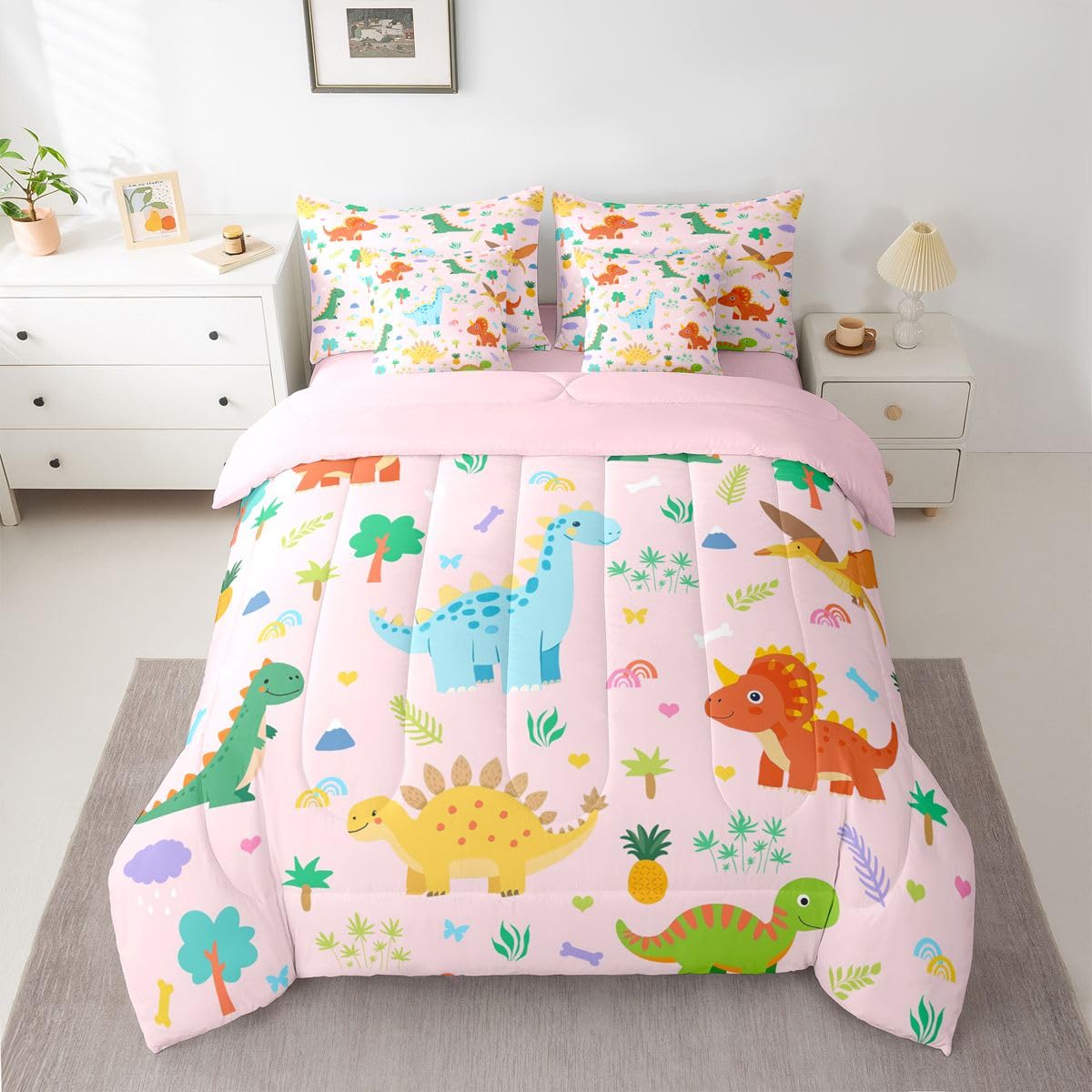 Feelyou Kids Cute Dinosaur Comforter Set with Sheets 7 Piece Full Size Pink Dinosaur Bed in a Bag Kids Boys Girls Cute Animal Bedding Set Bedroom Decor Breathable Soft Lightweight Microfiber