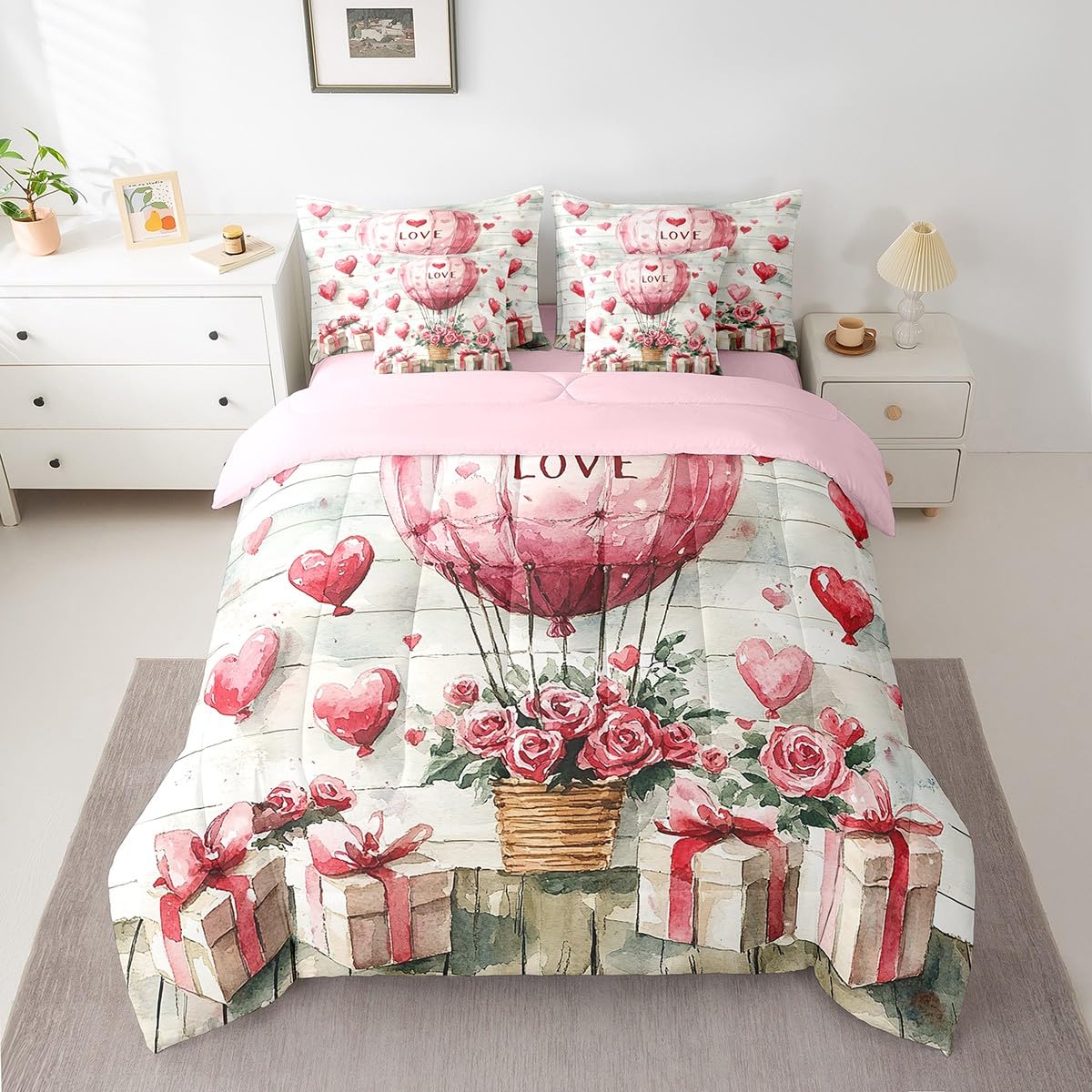 Erosebridal Hot Air Balloon Comforter Set Romantic Roses Valentine's Day Full Bed in A Bag Pink Love Balloon Gift 7 Piece Bedding Set Watercolor Strip Couple Bed Set for Teen Adults Men Women