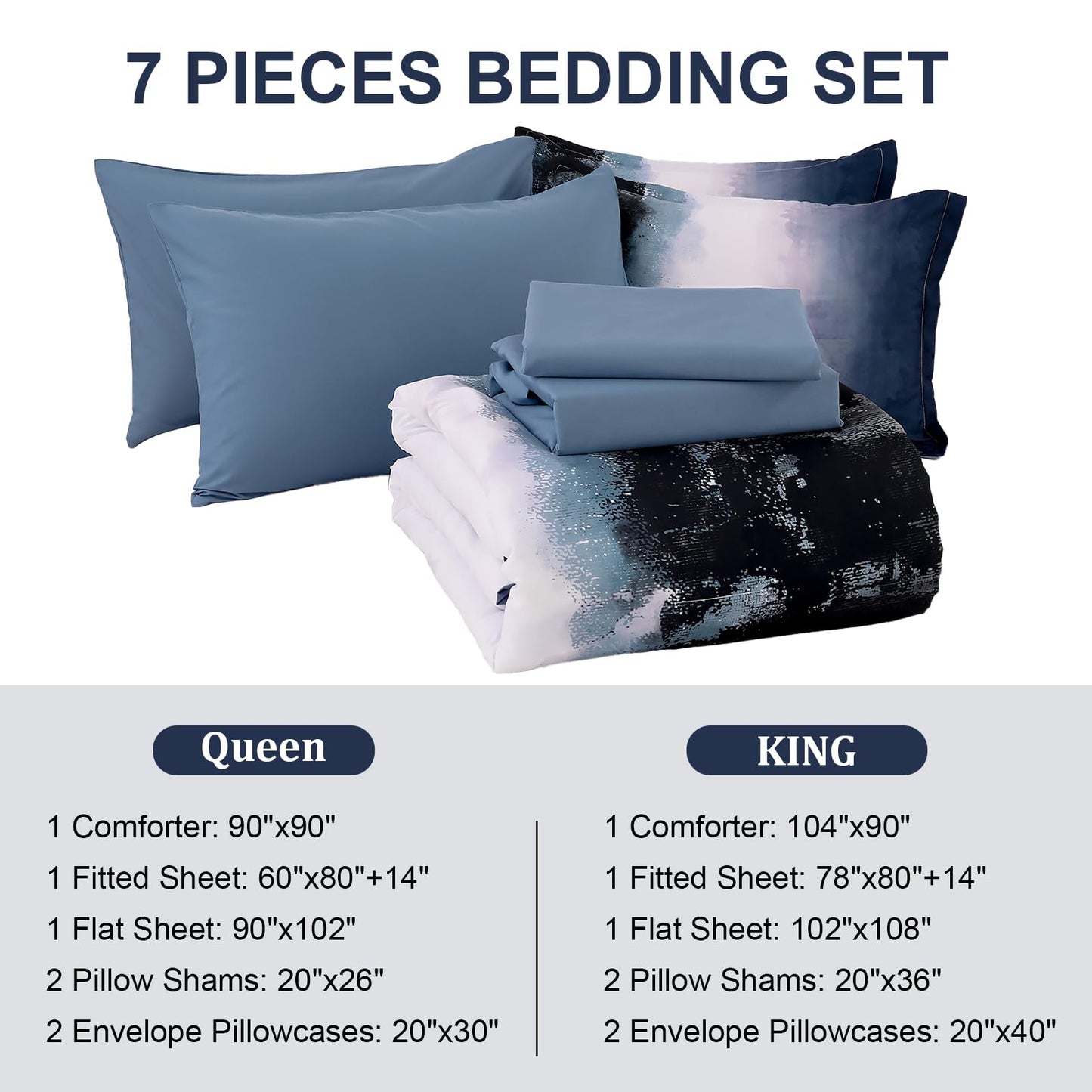 Dinjoy Ombre Blue Comforter Set Queen Size Gradient Navy Blue Black Boho Bedding Set for Teen Men Women 7 Pieces Bed in A Bag Bohemian Bed Set with Comforter, Sheets, Pillowcases & Shams