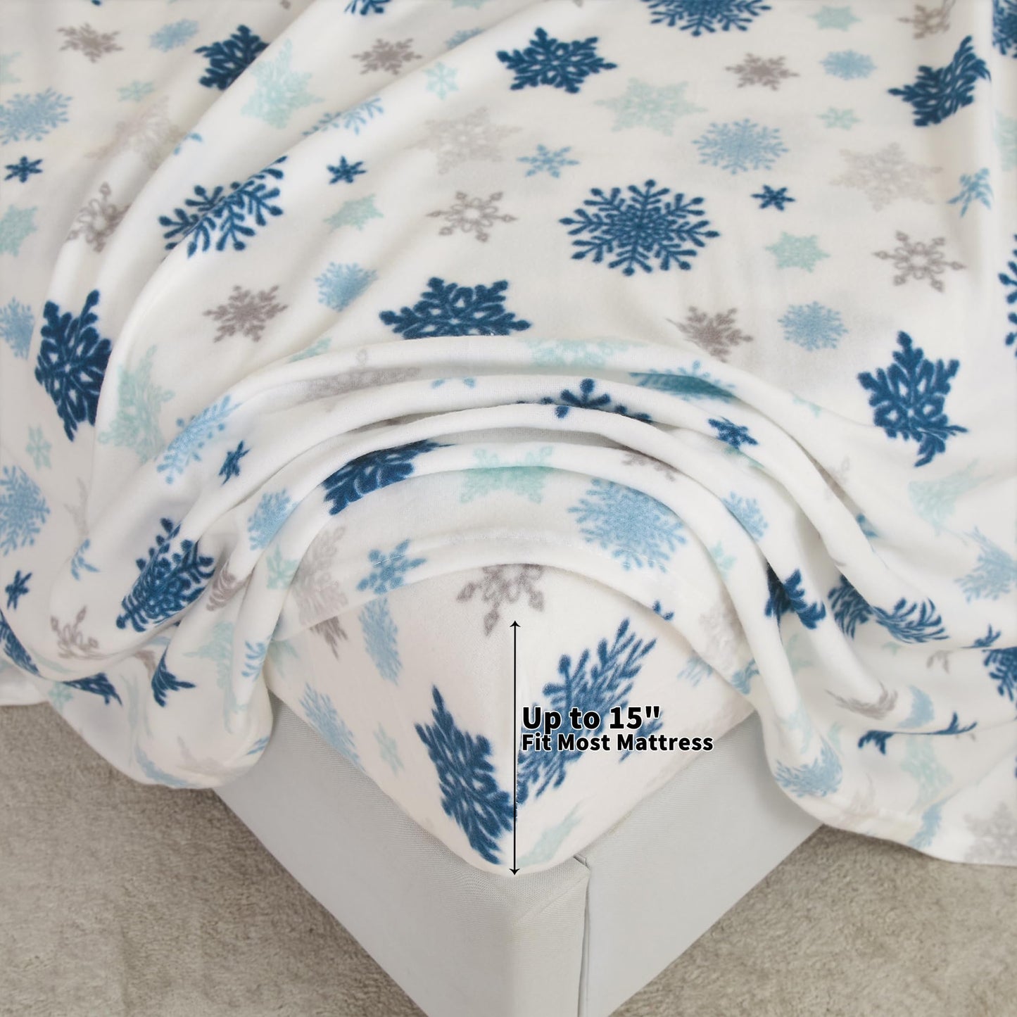 Viviland Microfleece Full Bed Sheet Set, Christmas Holiday Flannel-Like Fleece Fitted Sheets with 15" Deep Pocket, Snowflake Printed Winter Velour Velvet Double Sheets & Pillowcase Set
