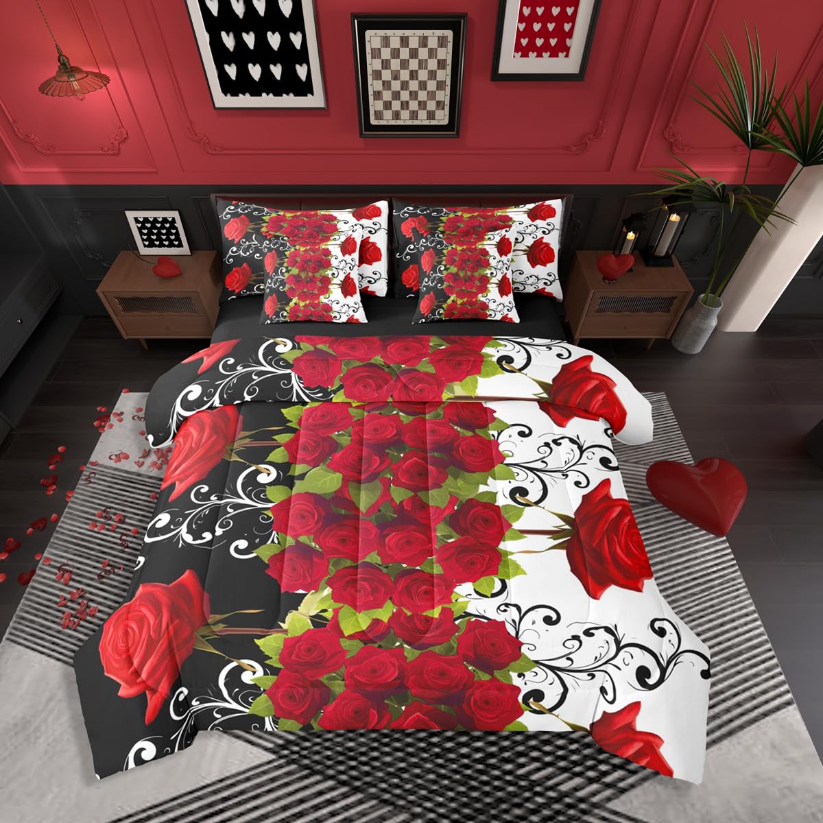 Erosebridal Valentine Roses Queen Comforter Set with Sheets 7 Piece Romantic Red Florals Bed in A Bag Valentine Day Gift Bedding Sets for Women Men Adults,Stylish Aesthetic Bed Set