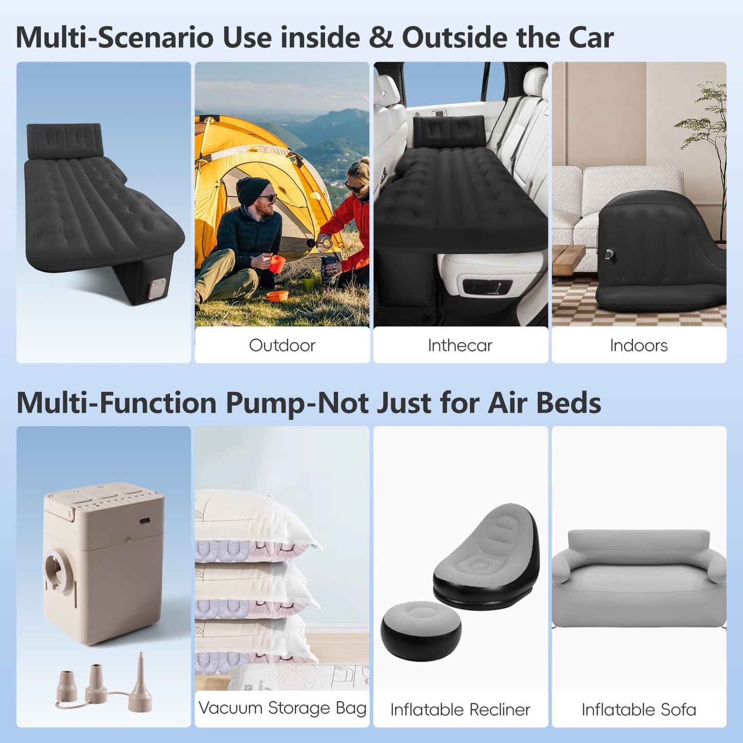 BEBAS Car Air Mattress - Truck Back Seat Bed & SUV Sleeping Pad, One-Piece Thickened Self-Inflating Travel Airbed, with Wireless Air Pump & Pillow | Black