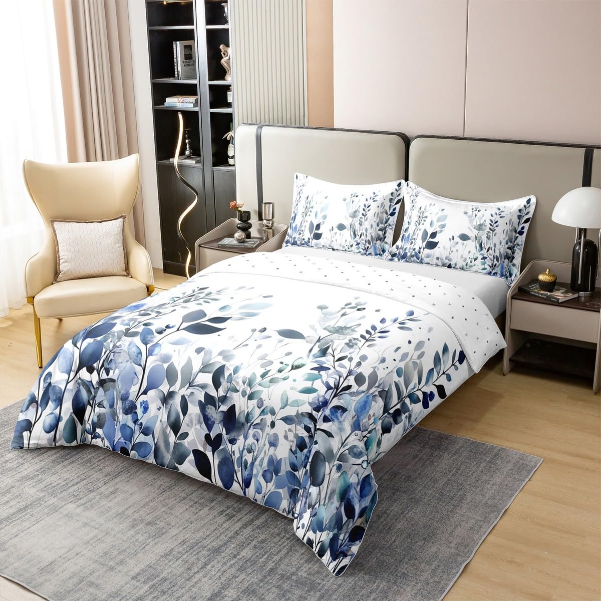 100% Cotton Blue And Grey Comforter Cover, Floral Duvet Cover Twin Size, Teal Plant Bedding Set, Botanical Nature Leaf Quilt Cover, Branch Flowers Bed Cover for Kids Girls Women Bedroom Decorative