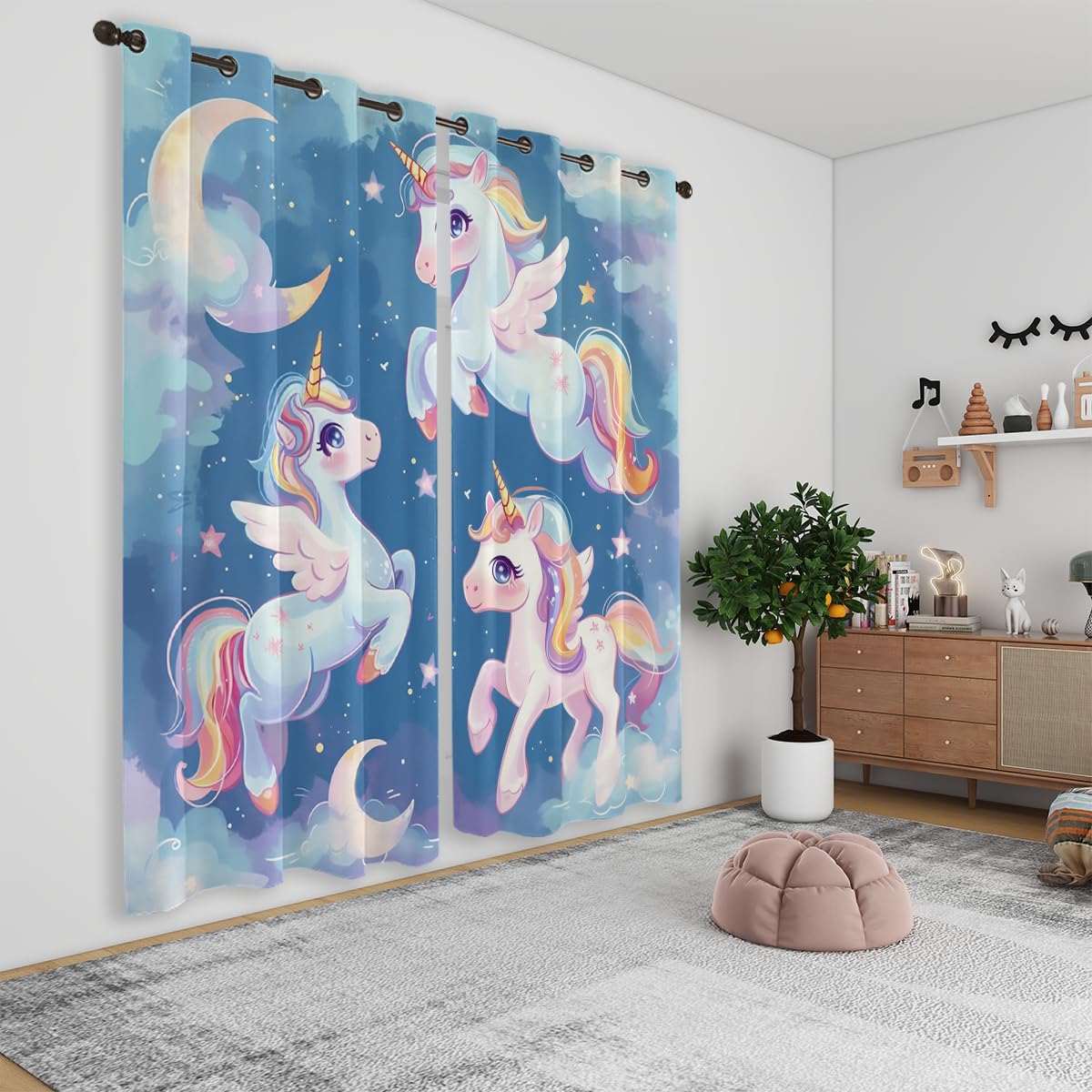 Cartoon Unicorn Blackout Curtains for Girls Boys Kids Home Decor, Fantasy Cute Unicorn Stars Moon Grommet Thermal Insulated Drapes Darkening Window Curtain for Bedroom Living Room, 42 x 45 Inch