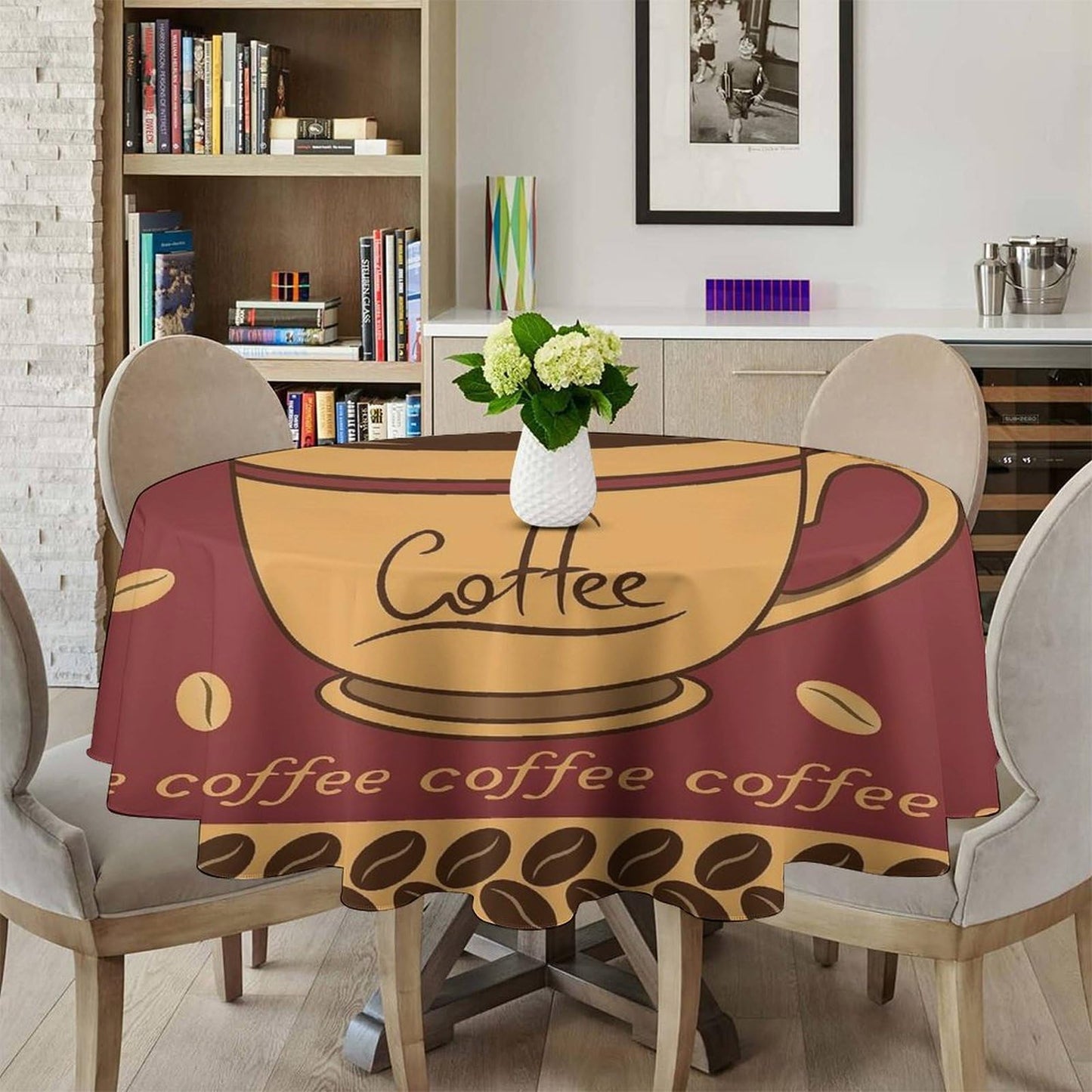 GoDazzling Coffee Round Tablecloth, Brown Coffee Themed Kitchen Cafe Tea Party Patterned Cafe Tablecloth for Home Party Dining Room Kitchen Decor 36Inch(90cm)